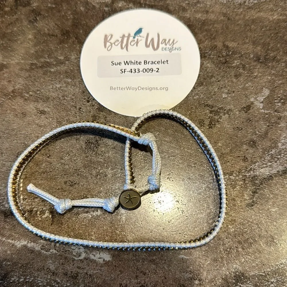 Better Way Sue white gray waxed rope/gold bead adjustable wrap bracelet. NWT.